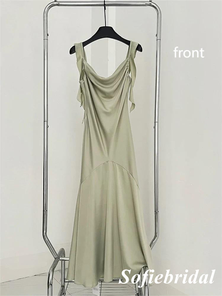 Sexy Soft Satin Spaghetti Straps Sleeveless Mermaid Ankle Length Prom Dress With Ruffle, PD01091