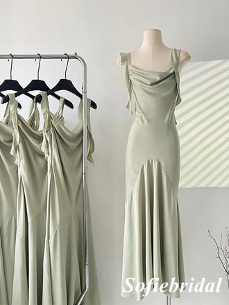 Sexy Soft Satin Spaghetti Straps Sleeveless Mermaid Ankle Length Prom Dress With Ruffle, PD01091