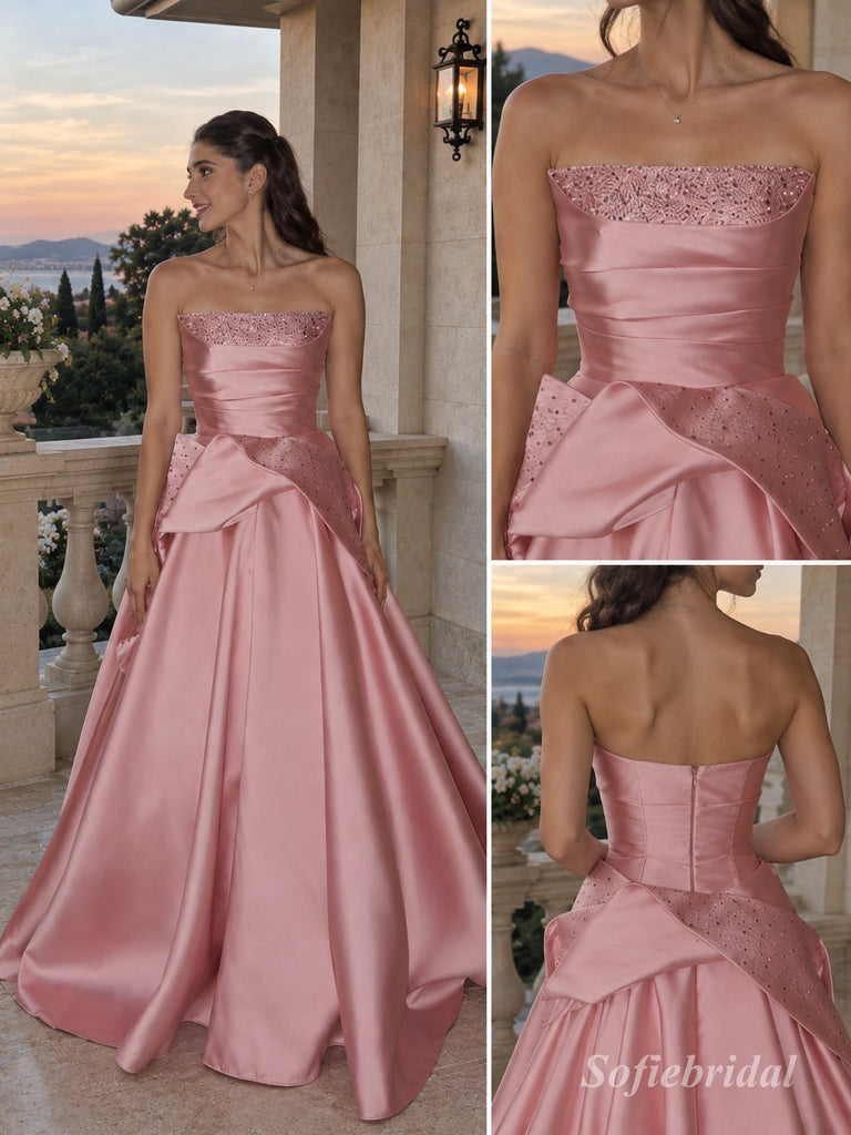 Dusty Pink Satin Strapless Beaded Bodice Ruffle A-Line Floor Length Evening Dress,PD13845