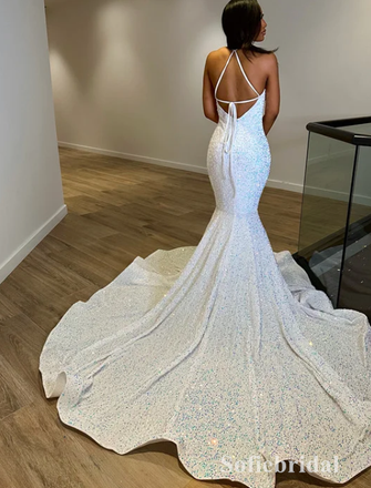 Sexy Sequin V-Neck Sleeveless Lace Up Back Mermaid Long Prom Dresses, PD0888