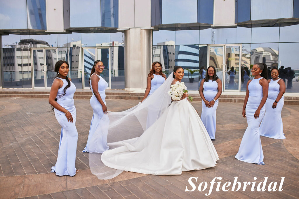 Sexy Soft Satin Halter Sleeveless Mermaid Floor Length Bridesmaid Dresses, SFWG00556