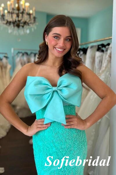 Sexy Lace Sweetheart Sleeveless Mermaid Floor Length Prom Dress With Bow Tie, PD01056