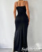 Sexy Black Satin And Lace Spaghetti Straps V-Lace Sleeveless Side Slit Mermaid Long Prom Dresses, PD0928