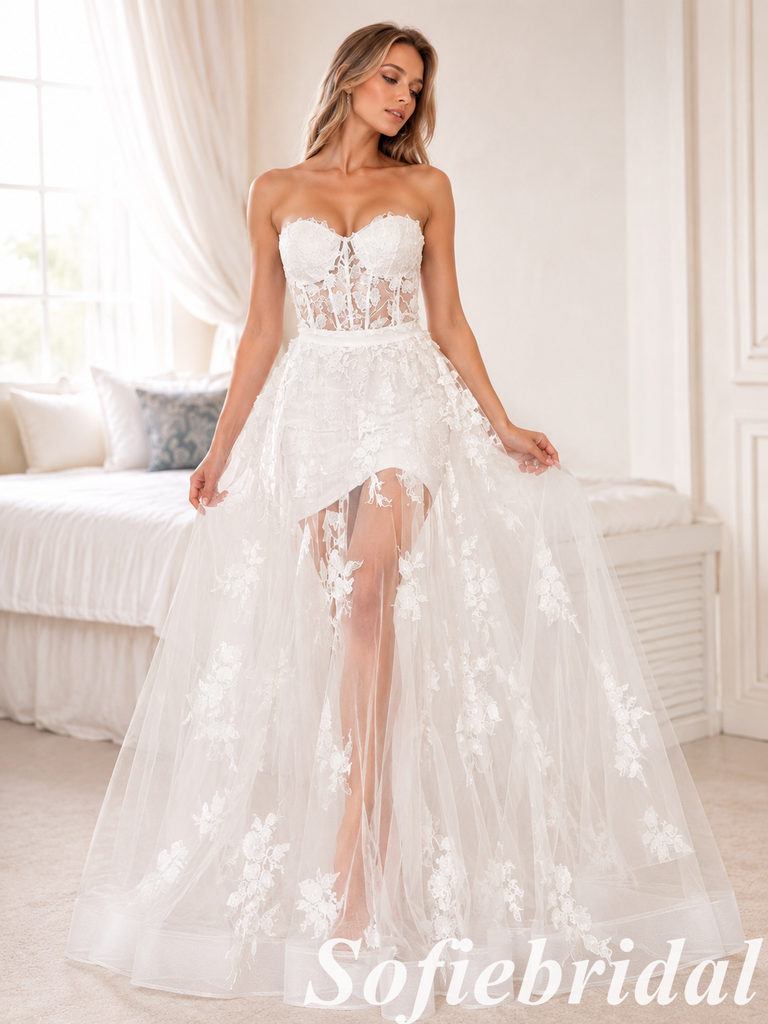 White Lace Mini Wedding Dress Strapless Sheer Tulle Bridal Gown, SFWD0086