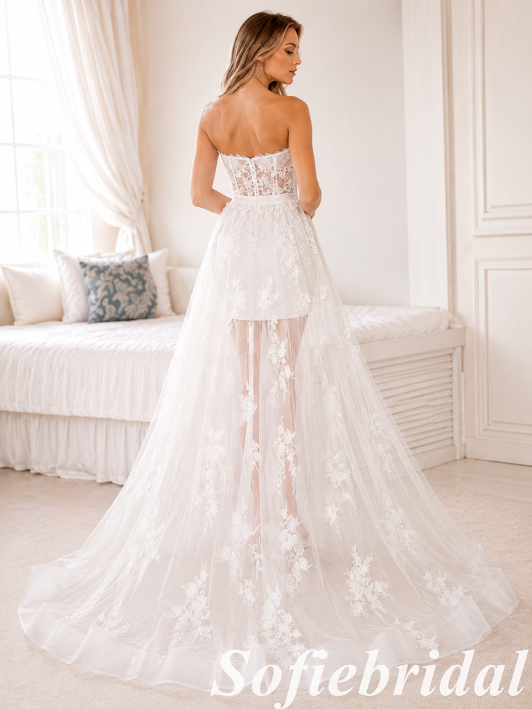 White Lace Mini Wedding Dress Strapless Sheer Tulle Bridal Gown, SFWD0086