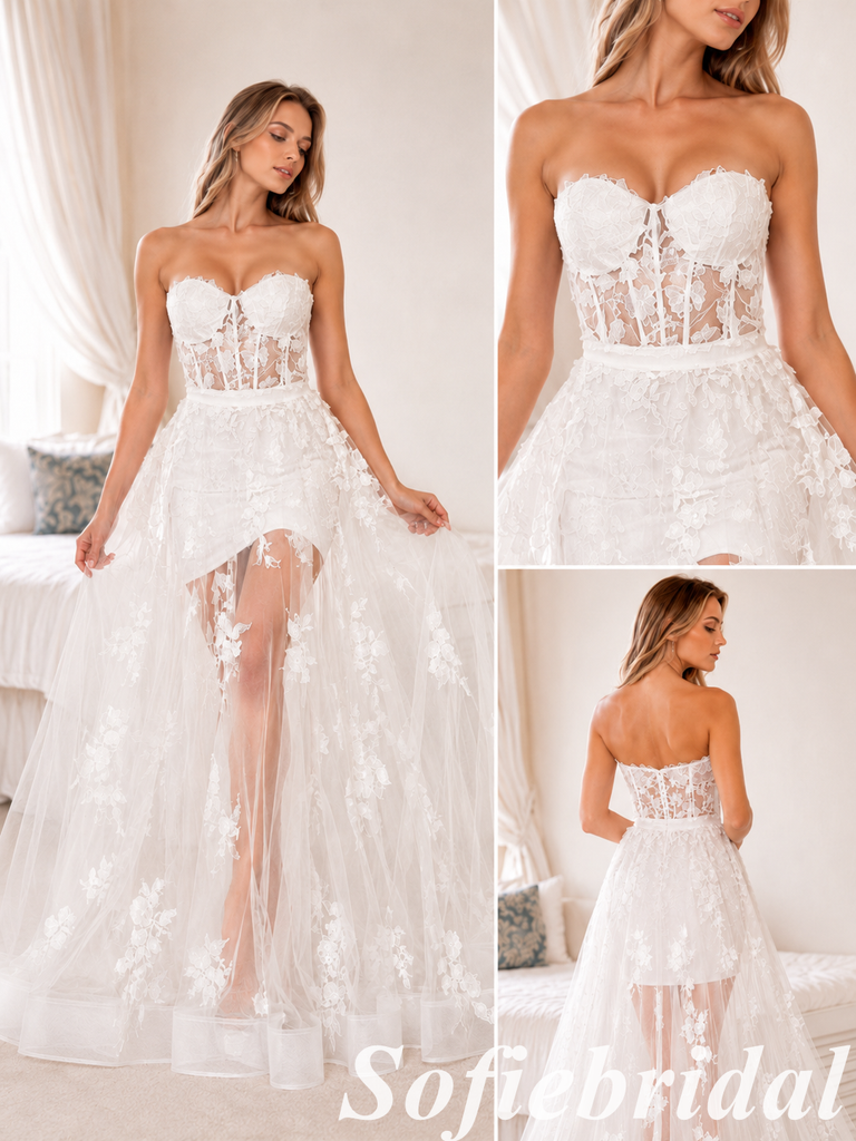 White Lace Mini Wedding Dress Strapless Sheer Tulle Bridal Gown, SFWD0086