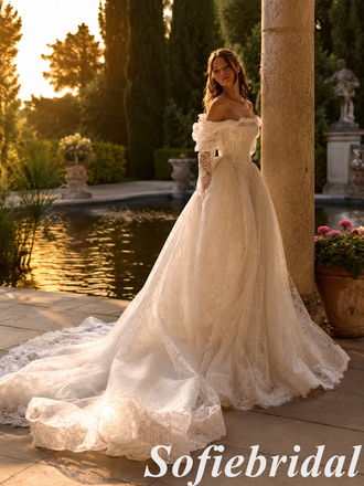 Vintage Lace  Off Shoulder Ball Gown White Wedding Dress, SFWD0088