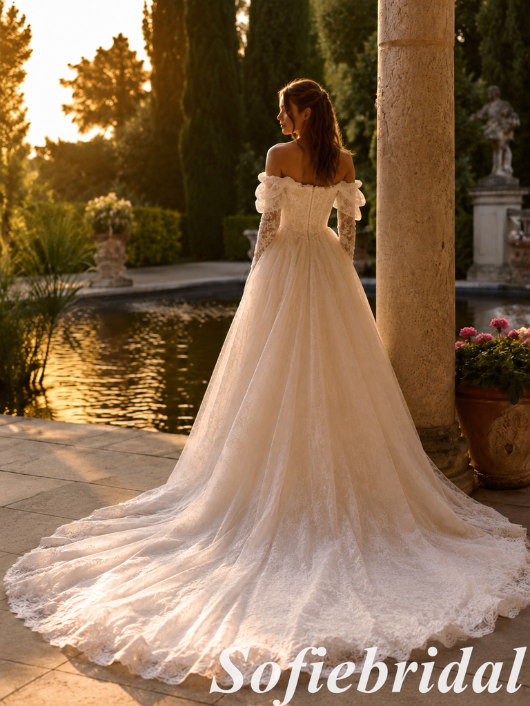 Vintage Lace  Off Shoulder Ball Gown White Wedding Dress, SFWD0088