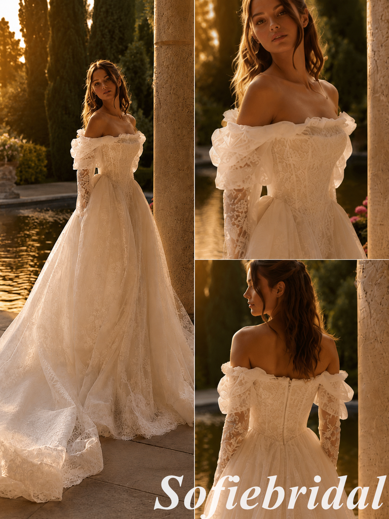 Vintage Lace  Off Shoulder Ball Gown White Wedding Dress, SFWD0088