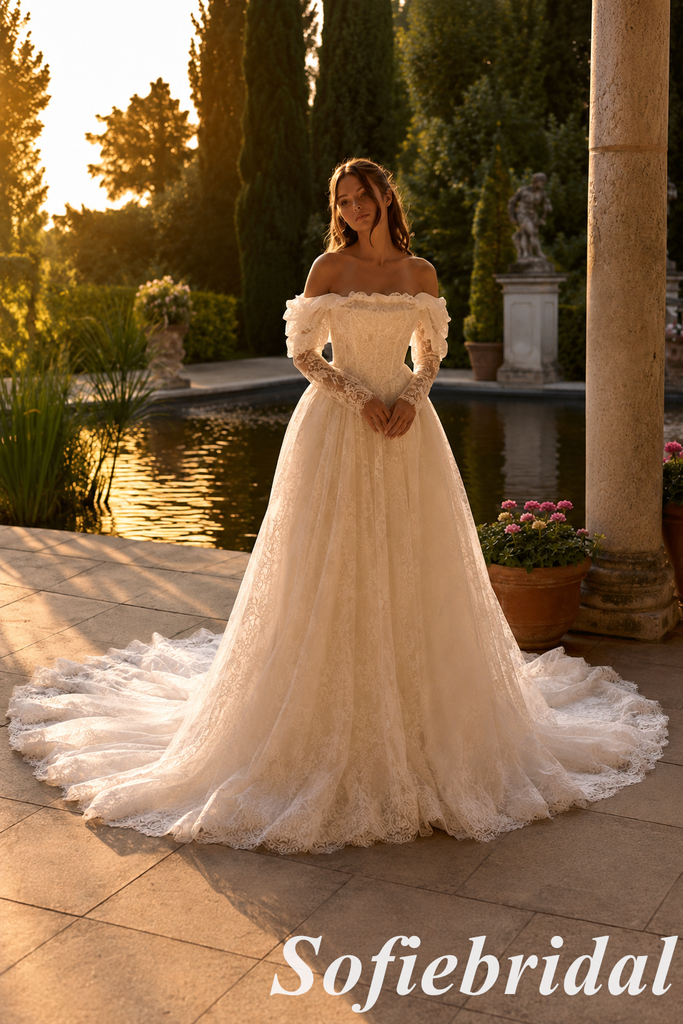 Vintage Lace  Off Shoulder Ball Gown White Wedding Dress, SFWD0088