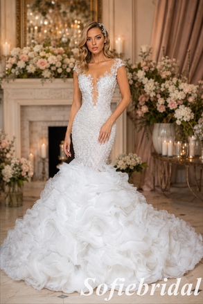 Beaded Lace Mermaid Wedding Dress With Ruffled Organza Skirt, SFWD0087