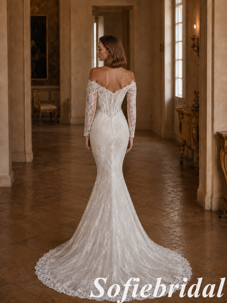 White Lace Mermaid Wedding Dress Long Sleeve With Lace Veil, SFWD0089