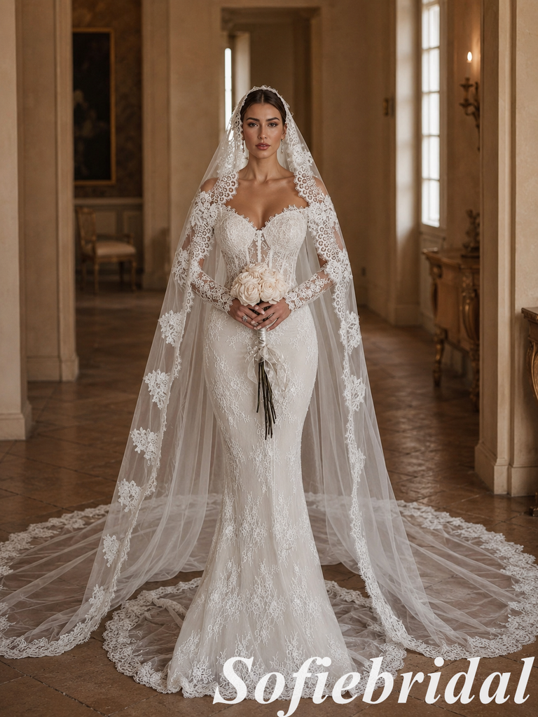 White Lace Mermaid Wedding Dress Long Sleeve With Lace Veil, SFWD0089