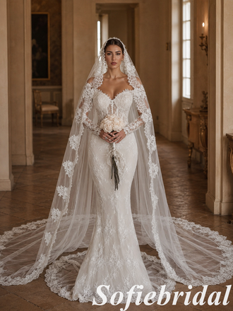White Lace Mermaid Wedding Dress Long Sleeve With Lace Veil, SFWD0089