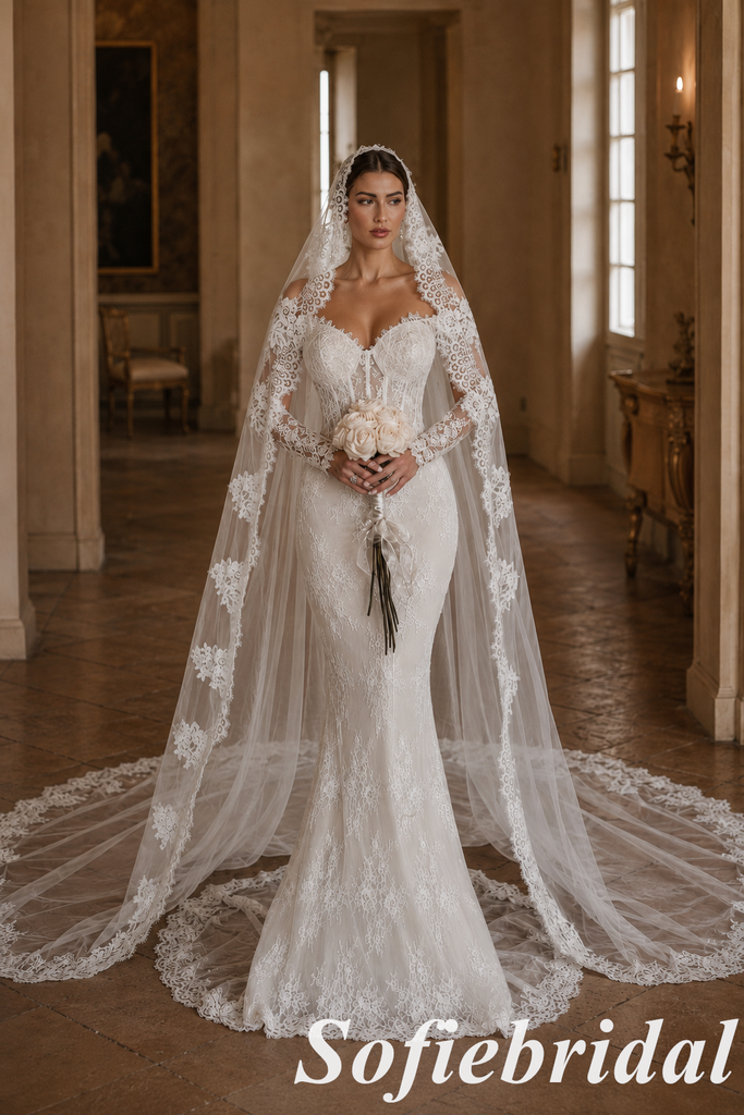 White Lace Mermaid Wedding Dress Long Sleeve With Lace Veil, SFWD0089