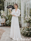 White Chiffon Lace Trim V-Neck Long Sleeve Wedding Dress, SFWD0090