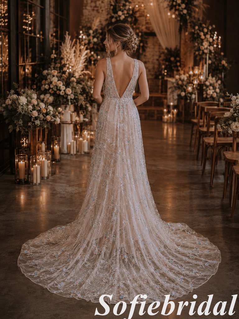 Beaded Tulle Plunge V-Neck A-Line Wedding Dress, SFWD0091