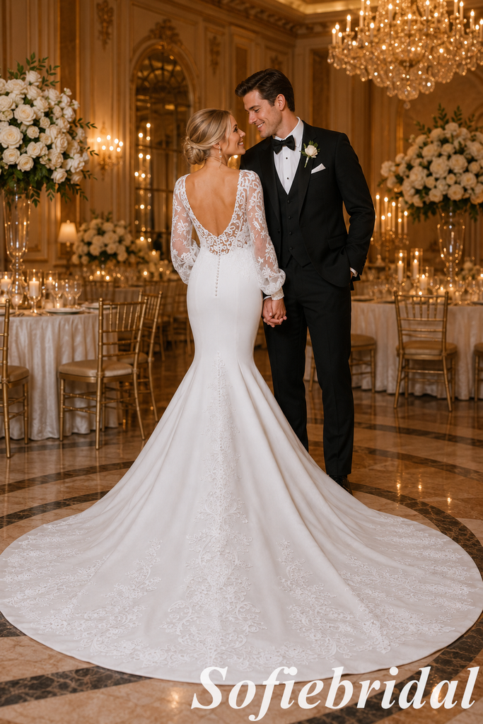 Satin Lace Long Sleeves Mermaid Wedding Dress, SFWD0092