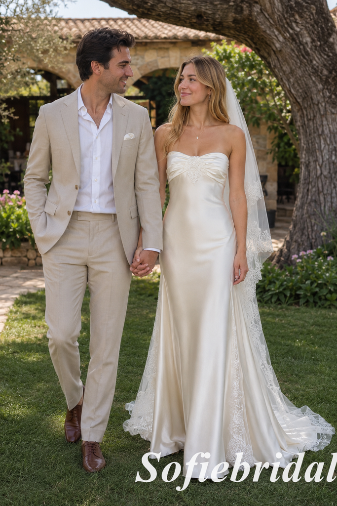 Soft Ivory Silk Satin Sweetheart Mermaid Bridal Dress Simple Wedding Gown, SFWD0095