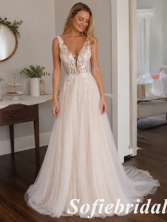 Light Nude Sparkle Tulle Lace Sleeveless Deep V A-Line Bridal Gown, SFWD0094