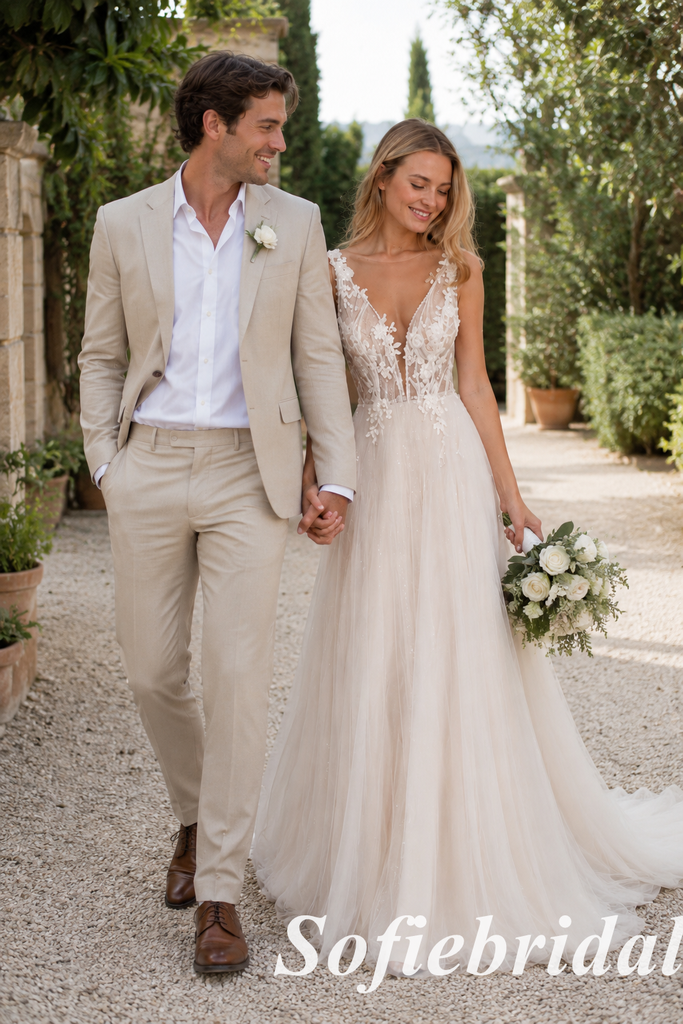 Light Nude Sparkle Tulle Lace Sleeveless Deep V A-Line Bridal Gown, SFWD0094