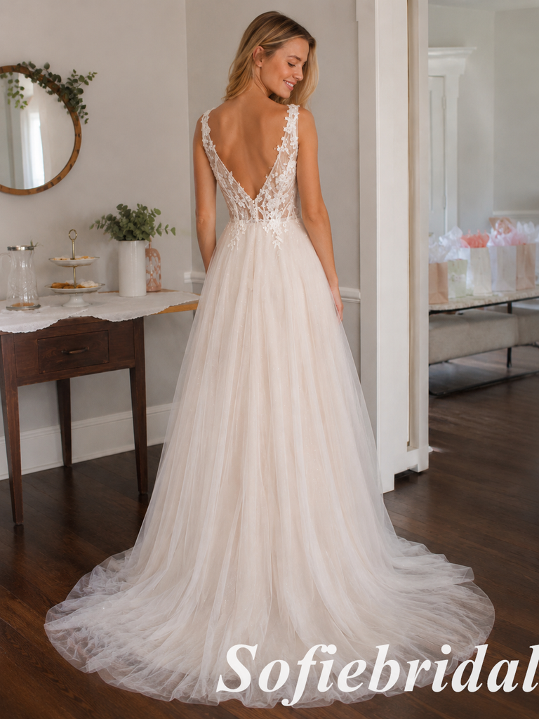 Light Nude Sparkle Tulle Lace Sleeveless Deep V A-Line Bridal Gown, SFWD0094