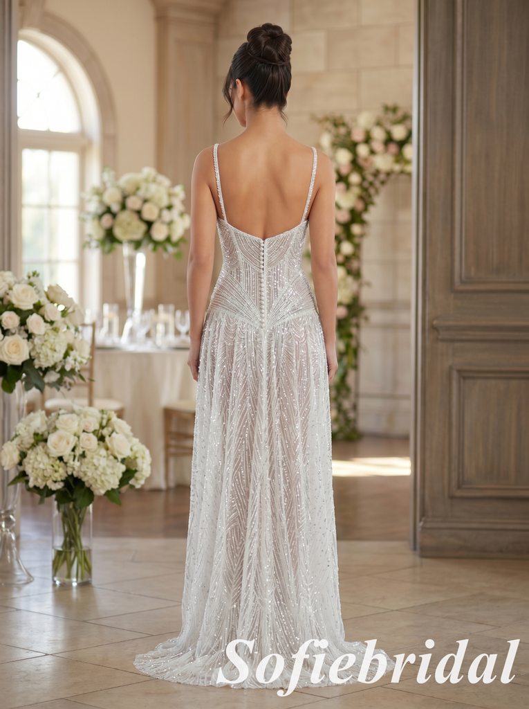 Shiny Beaded Sequin Spaghetti Strap Wedding Dress With Slit, SFWD0085