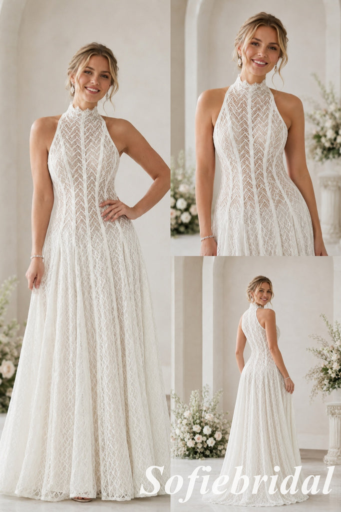Elegant White Halter Lace A Line Wedding Dress, SFWD0096