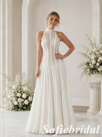 Elegant White Halter Lace A Line Wedding Dress, SFWD0096
