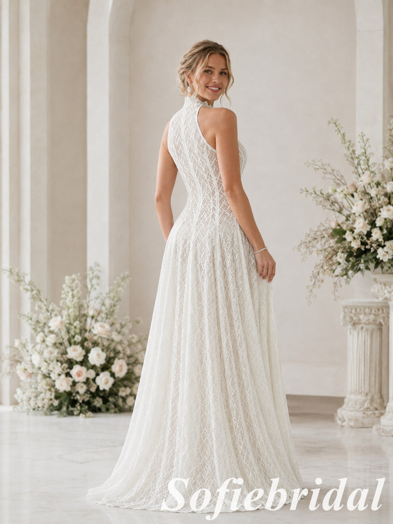 Elegant White Halter Lace A Line Wedding Dress, SFWD0096