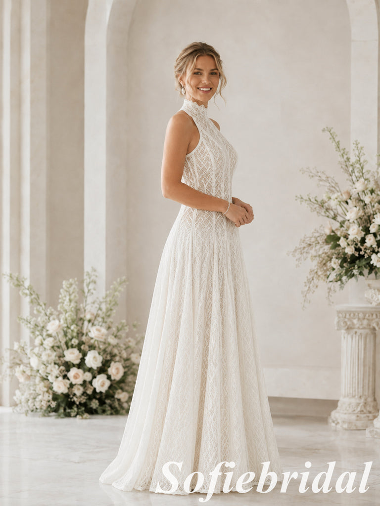 Elegant White Halter Lace A Line Wedding Dress, SFWD0096