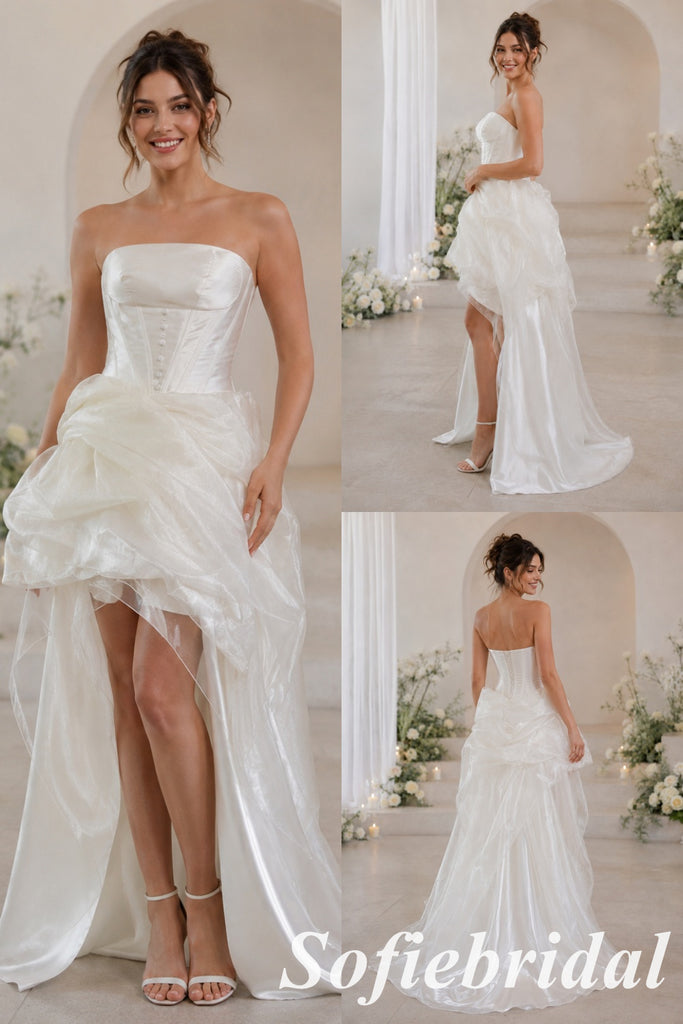 Modern White Strapless Satin High Low Wedding Dress, SFWD0097