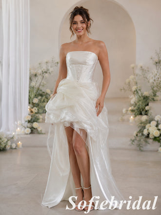 Modern White Strapless Satin High Low Wedding Dress, SFWD0097