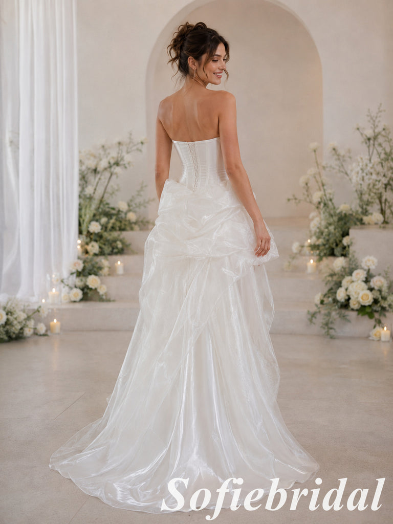 Modern White Strapless Satin High Low Wedding Dress, SFWD0097