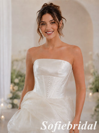 Modern White Strapless Satin High Low Wedding Dress, SFWD0097