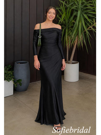 Elegant Black Satin Jersey Off‑The‑Shoulder Long Sleeve Ruched Floor Length Mermaid Bridesmaid Gown, PD1332