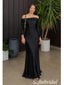 Elegant Black Satin Jersey Off‑The‑Shoulder Long Sleeve Ruched Floor Length Mermaid Bridesmaid Gown, PD1332