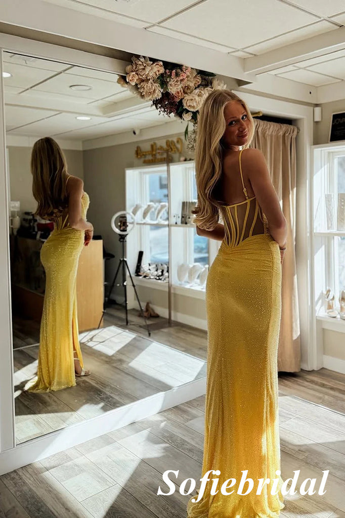 Bright Yellow Glitter Spaghetti Strap Mermaid Prom Dress with High Slit, PD01242