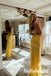 Bright Yellow Glitter Spaghetti Strap Mermaid Prom Dress with High Slit, PD01242