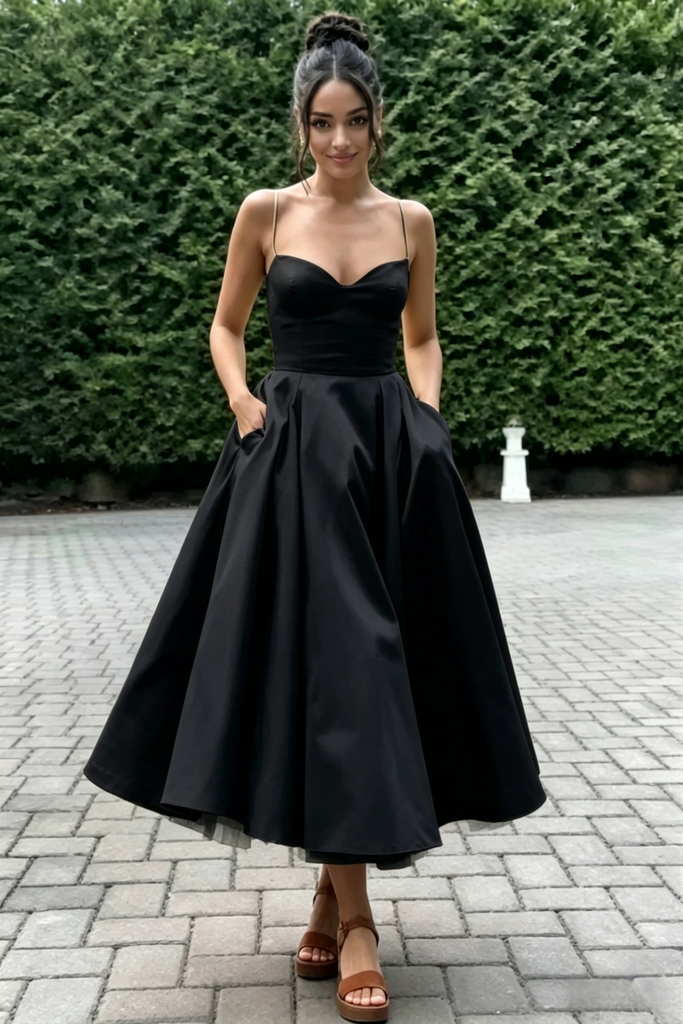Spaghetti Strap Sweetheart Satin Midi Prom Dress A-Line Formal Bridesmaid Gown, PD01283