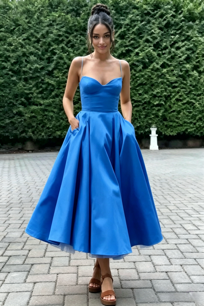 Spaghetti Strap Sweetheart Satin Midi Prom Dress A-Line Formal Bridesmaid Gown, PD01283