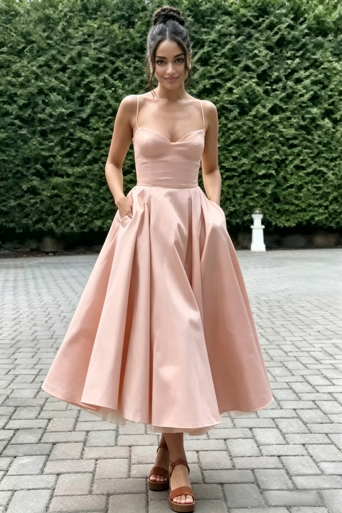 Spaghetti Strap Sweetheart Satin Midi Prom Dress A-Line Formal Bridesmaid Gown, PD01283