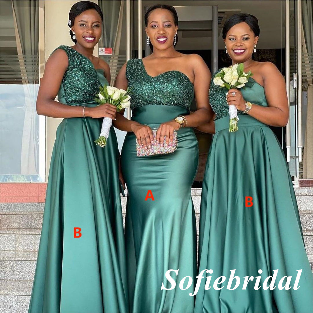 Mismatched Green Sequin And Satin One Shoulder Mermaid Floor Length Bridesmaid Dresses, SFWG00578