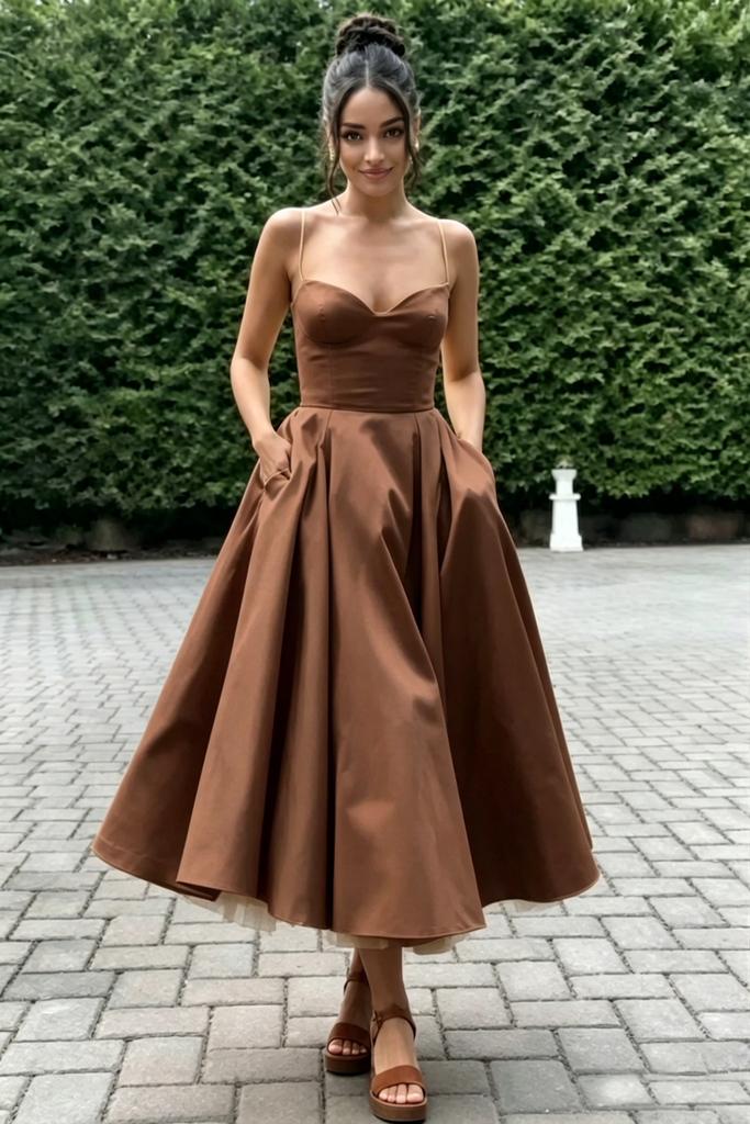 Spaghetti Strap Sweetheart Satin Midi Prom Dress A-Line Formal Bridesmaid Gown, PD01283