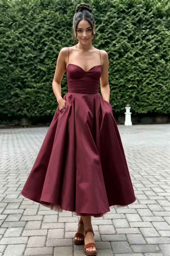 Spaghetti Strap Sweetheart Satin Midi Prom Dress A-Line Formal Bridesmaid Gown, PD01283