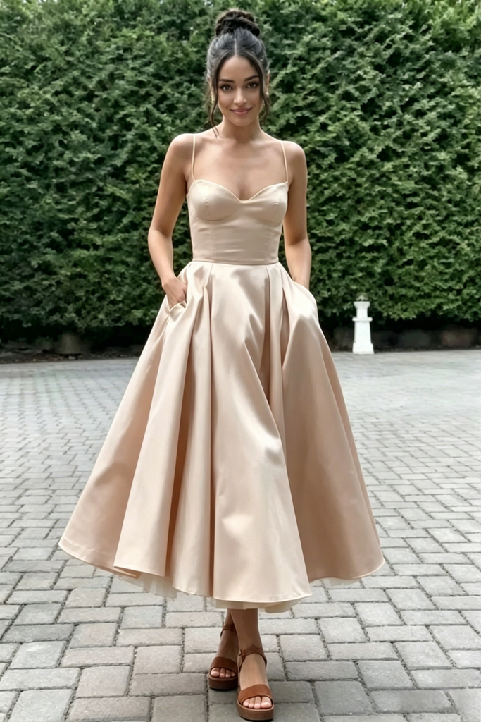 Spaghetti Strap Sweetheart Satin Midi Prom Dress A-Line Formal Bridesmaid Gown, PD01283