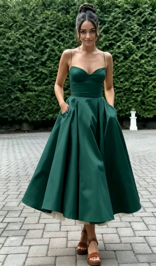 Spaghetti Strap Sweetheart Satin Midi Prom Dress A-Line Formal Bridesmaid Gown, PD01283