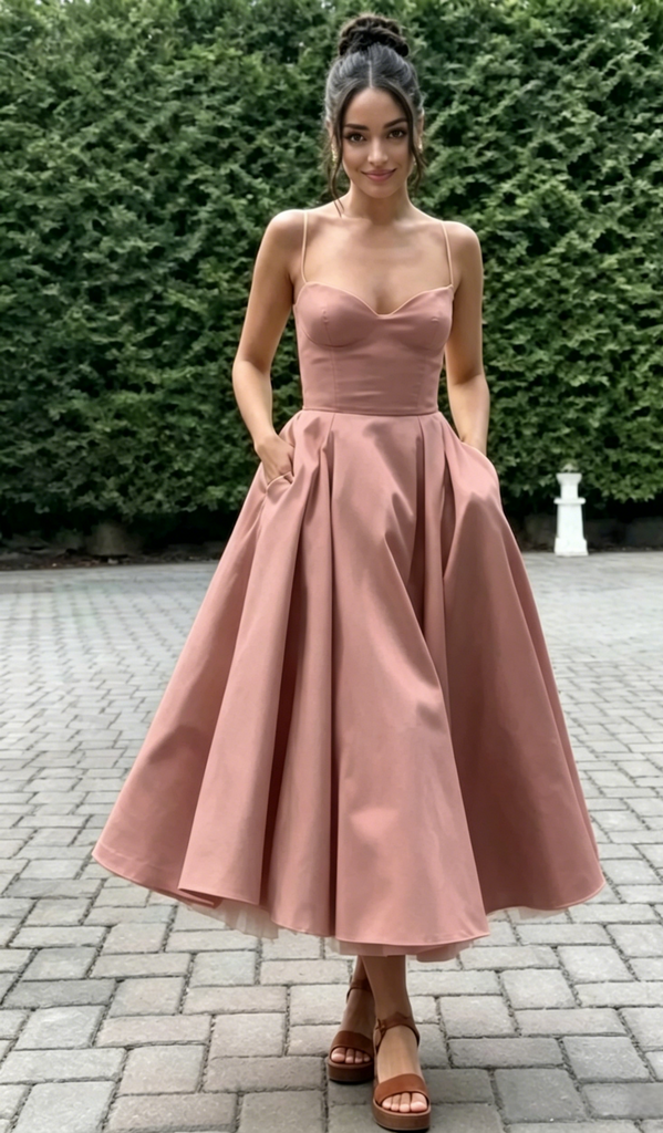 Spaghetti Strap Sweetheart Satin Midi Prom Dress A-Line Formal Bridesmaid Gown, PD01283