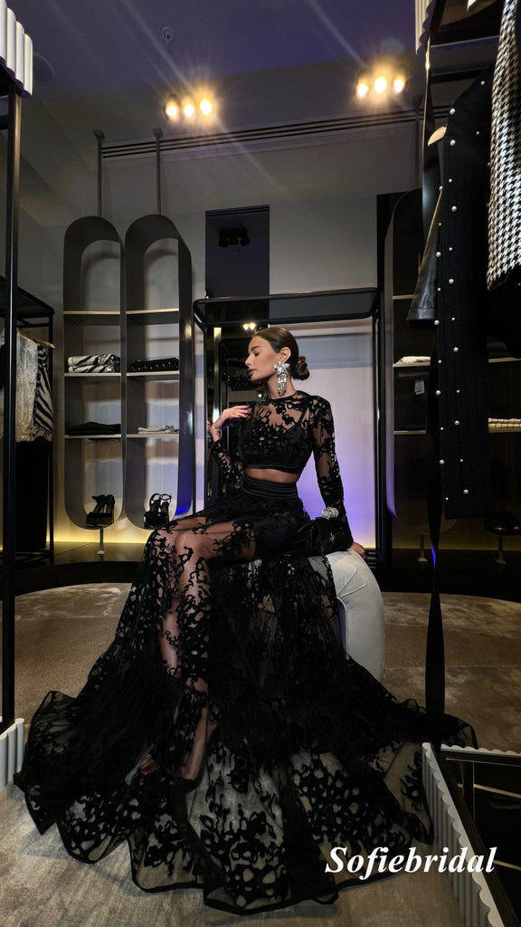 Sexy Black Lace Two Pieces Long Sleeves A-Line Long Prom Dresses, PD0966