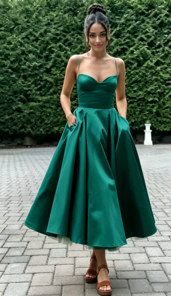 Spaghetti Strap Sweetheart Satin Midi Prom Dress A-Line Formal Bridesmaid Gown, PD01283